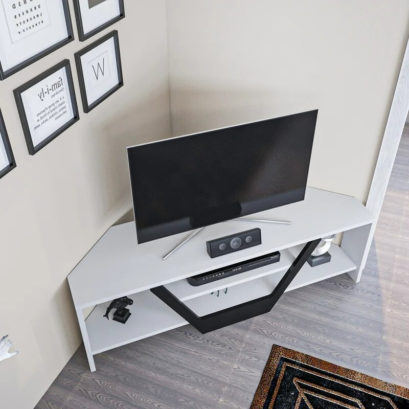 Corner TV Stand Wood White Black Media Console Table Entertainment Center Modern 808223385092 eBay