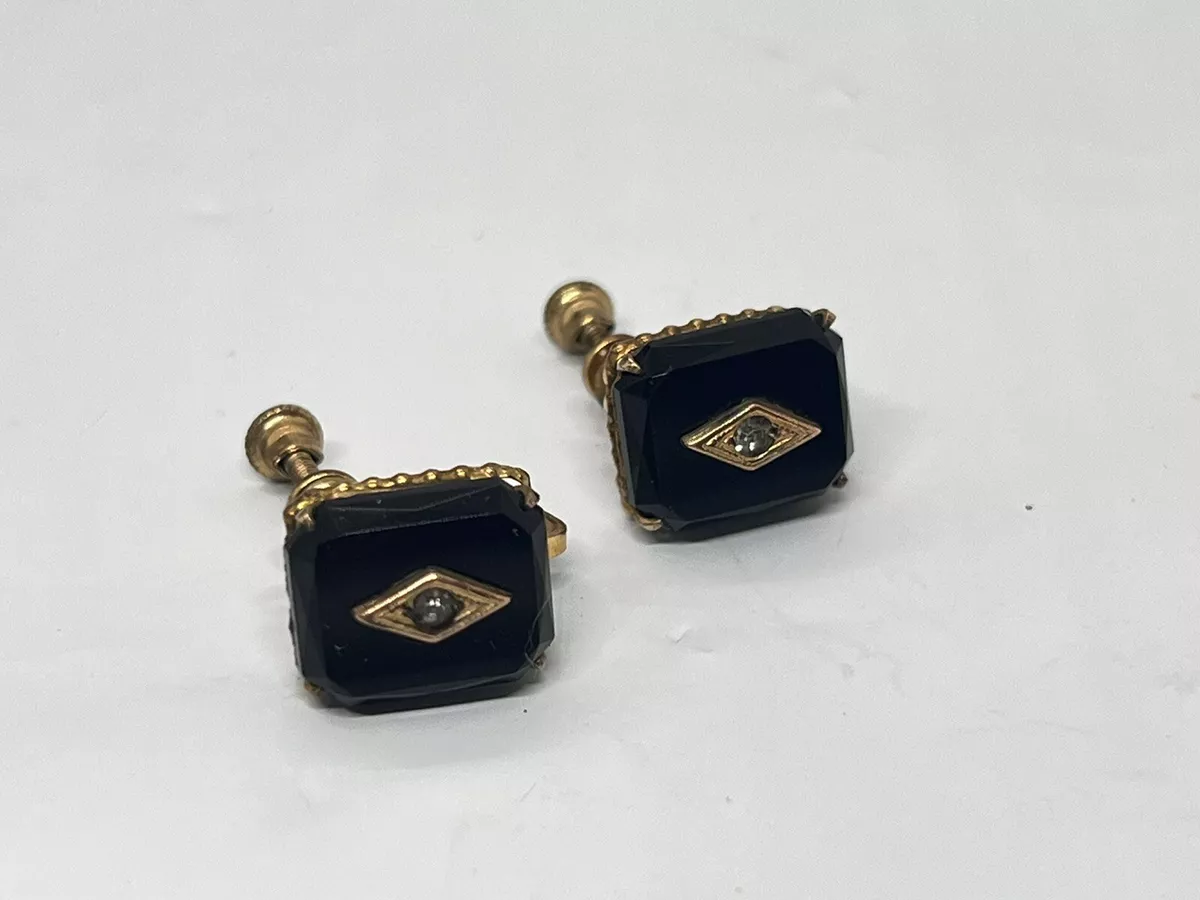 Vintage Black Onyx diamond Chip Screw Back Earrings 1 20 12k GF White Co 1950
