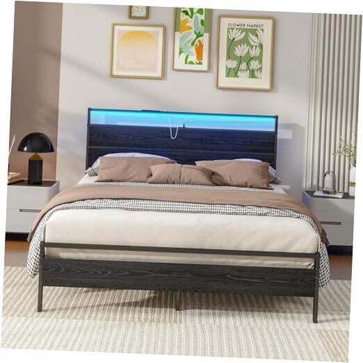 Queen Bed Frame,Queen Size Metal Platform Bed Frame with Storage & LED Light