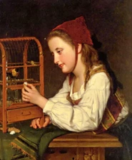 Oil painting Jan Portielje - feeding the bird beauty nice female portrait girl