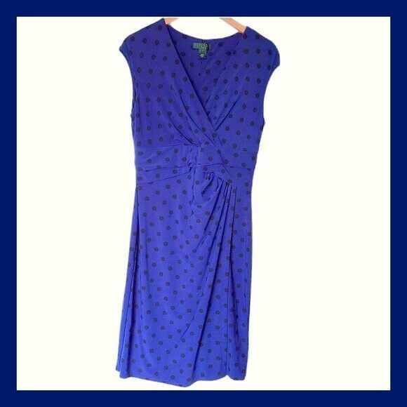 Ralph Lauren Women's  Blue Faux Wrap Stretch Cap Sheath Polka Dot Dress 10