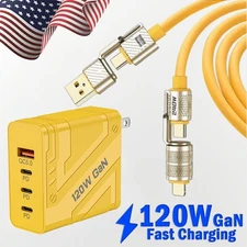 120W GaN 4-Port Type C Wall Charger, 4-in1 Fast Charge Cable For All Cell Phone