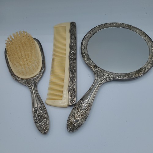 VTG International Silver Co. Ornate SilverPlate Brush, Mirror & Comb Set