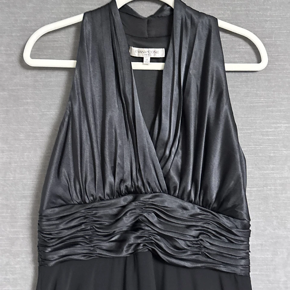 Vestido Evan Picone 12 Negro Sin Mangas Acanalado Satén Halter Cóctel Años 90 y2k Glamour Foto 2 de 4