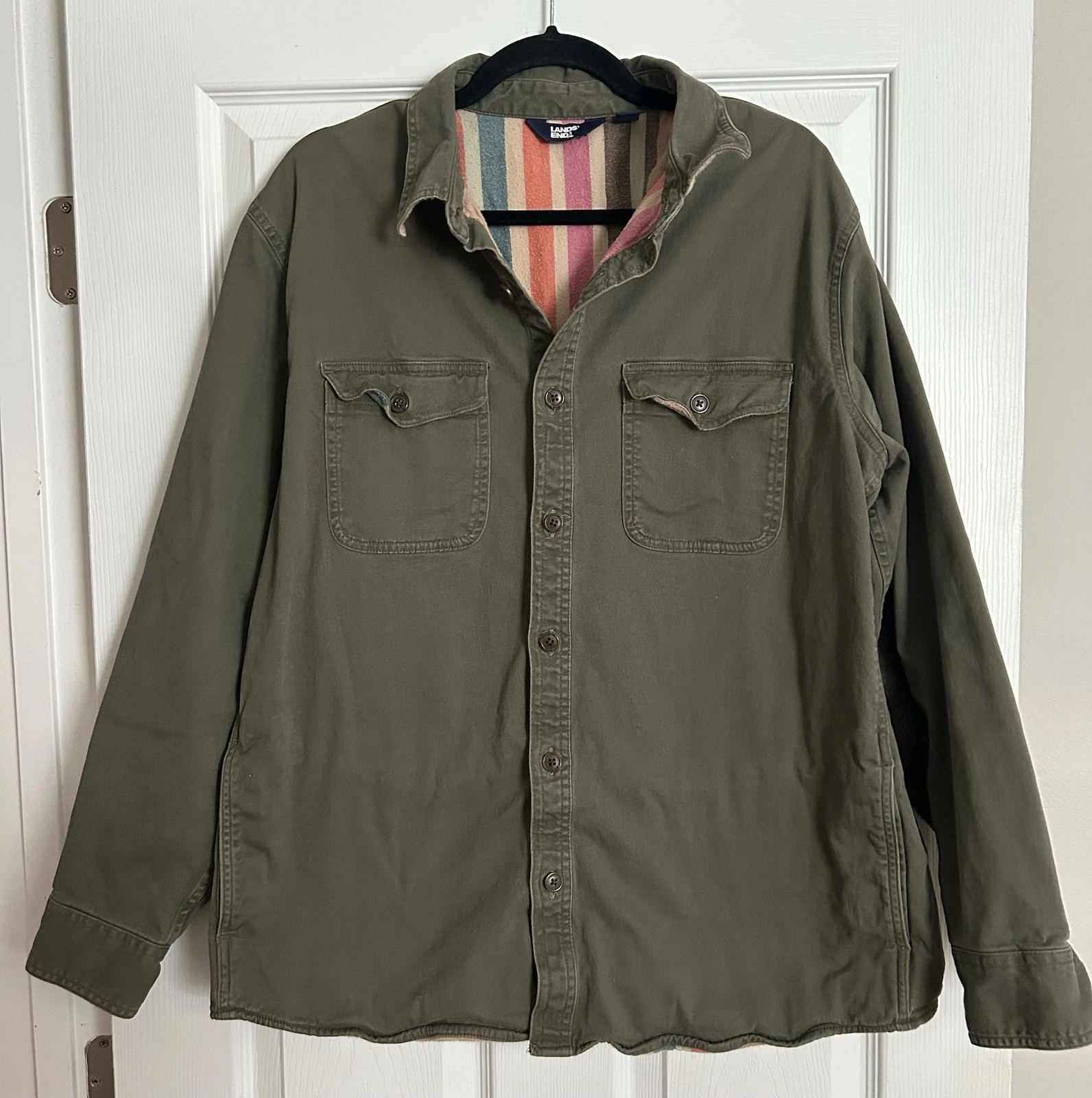 Lands End Green Flannel Lined Button Down Hurricane Shirt Size L Outdoor