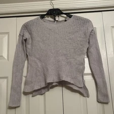 Free People Boho Sweater Top Womens S Gray U Neck Side Slits Soft & Fuzzy Casual