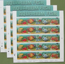 Three Sheets x 20 = 60 of AQUARIUM FISH 33¢ US Postage Stamps. USA # 3317-3320