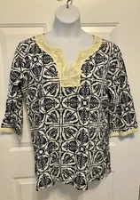 Larsen Gray Women’s Size Large Black White Tunic Top Blouse Shirt Boho Paisley