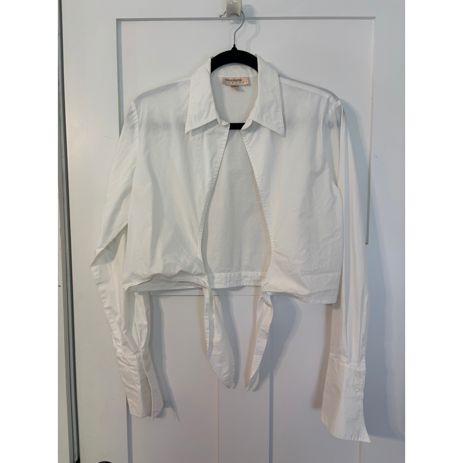 Authentic Y2K White Tie Front Cropped Blouse Long Sleeve Cotton Blend M Vintage