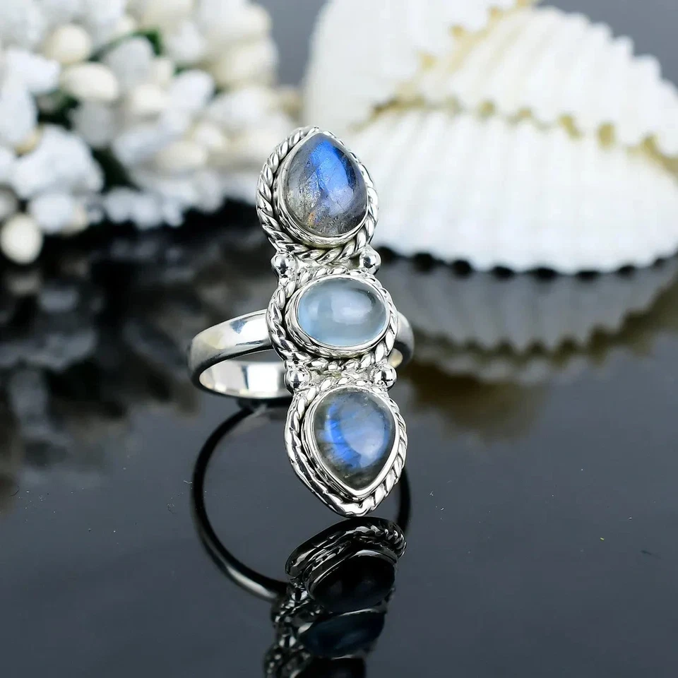 Naturale Labradorite & Acquamarina Anello 925 Argento Sterling Promessa Boho - Immagine 2 di 4