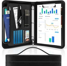 Padfolio Portfolio Organizer Binder with Zipper and Hidden Handle, PU Black 