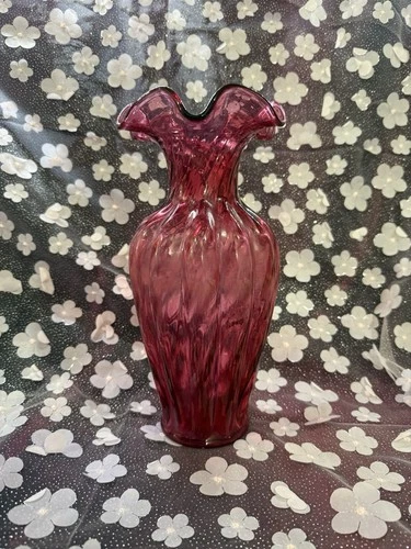 Vintage Fenton ~ Cranberry Pink Optic Spiral Ruffled 11" Vase