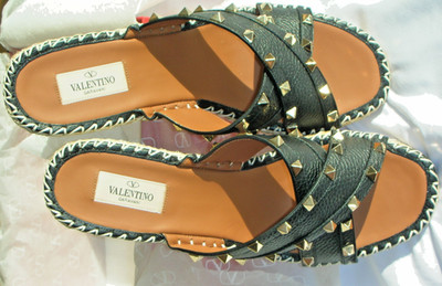 Leder Espadrilles Sandalen Slides Mules Valentino Garavani Rockstud 41 schwarz