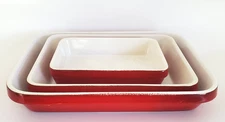 (3) EMILE HENRY FRANCE RED CERAMIC STONEWARE RECTANGULAR BAKING CASSEROLE DISH 