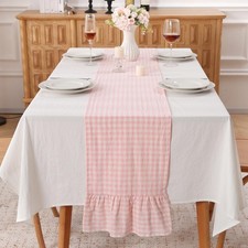 Peachy Blush White Plaid Gingham Ruffle Table Runner 108 inches Long 100 Washed