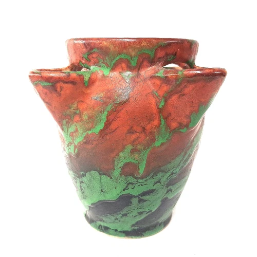 Weller Greora Style Art Pottery Vase Double Handle Red Green Mottled Antique