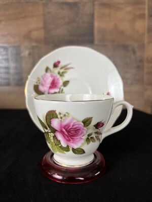 Vintage Duchess Bone China Teacup & Saucers Pink Roses Gold Trim Made in England