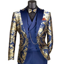 BIG  TALL Men's Navy  Gold Jacquard 3pc Modern Tuxedo w/ Bow-Tie NWT