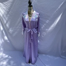 Natori Robe Floral Applique Satin Loungewear Housecoat Elizabeth Arden Salon Vtg