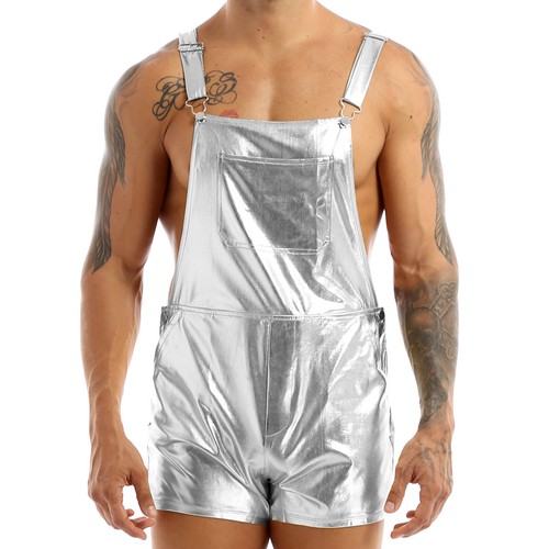 Men Shiny Metallic Dungarees with Strap Overall Suspender Shorts Fancy Dress - Picture 7 of 43