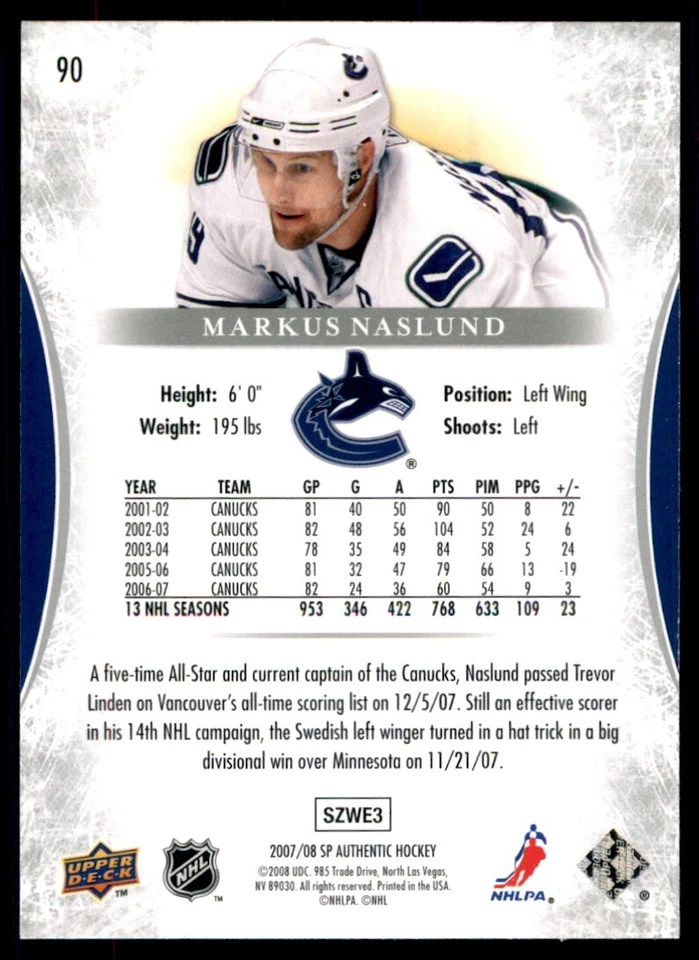 2007-08 SP Authentic Markus Naslund #90 - Image 2 of 2
