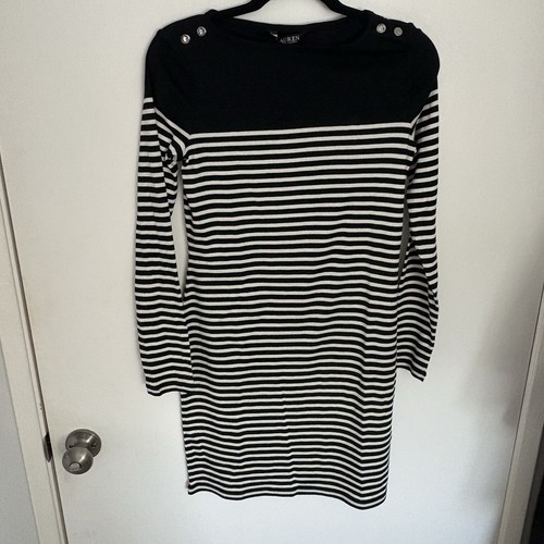 NWT Ralph Lauren Women's Black & White Striped Long Sleeve Dress S/P MSRP 135 - Picture 2 of 14