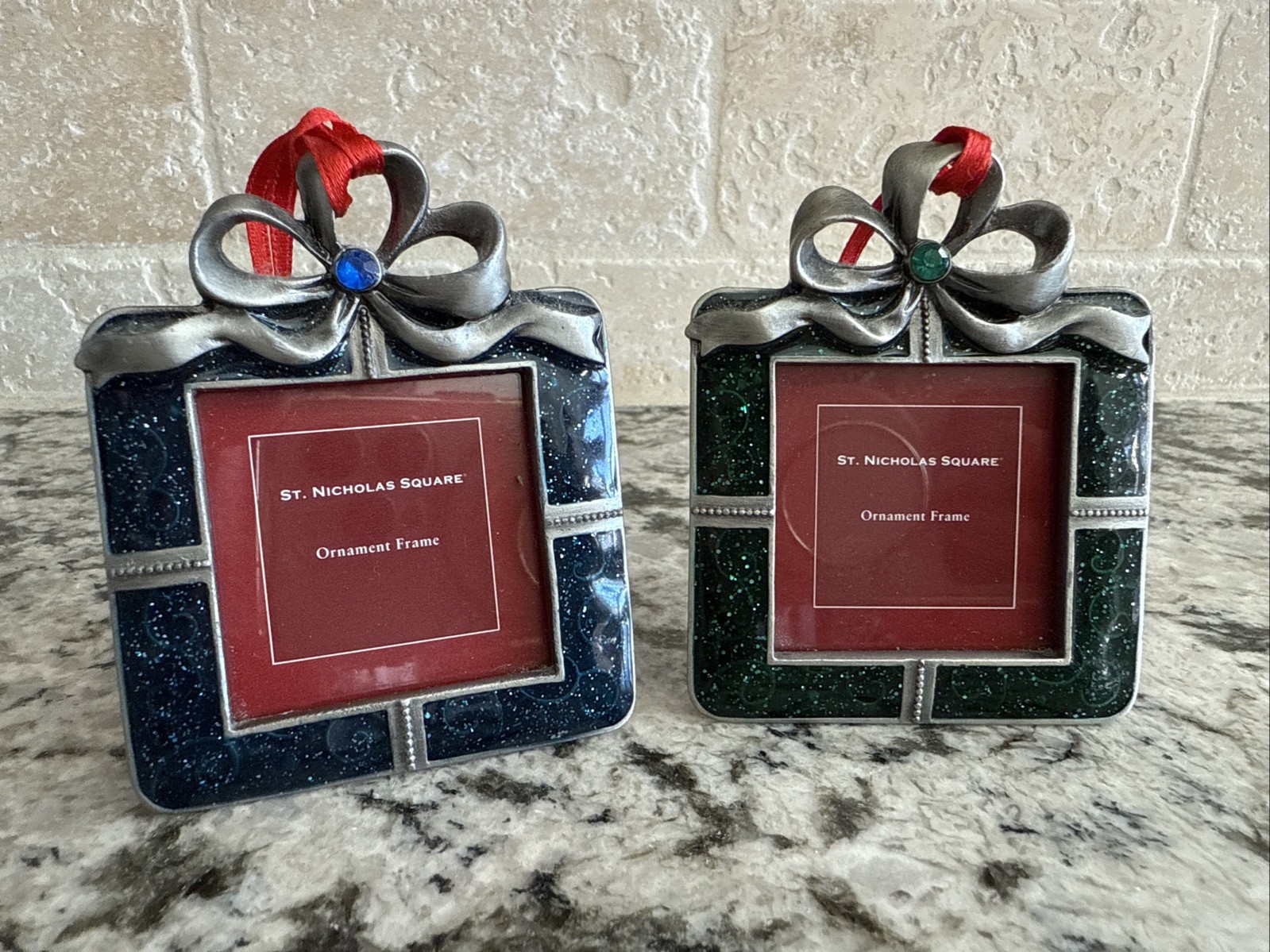 (2) St. Nicholas Square Photo Frame/Ornament Jeweled Christmas Present