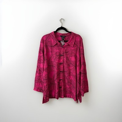 ALI MILES Hot Pink Black Tropical Floral Tunic Top Coastal Lagenlook Size 3X