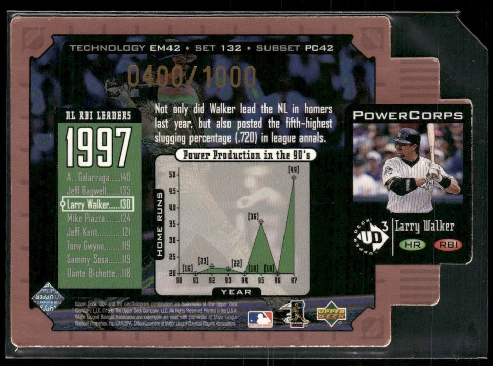 1998 Upper Deck UD3 Power Corps BRONZE #132 Larry Walker /1000 - Image 2 of 2