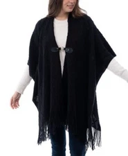 New Style & Co. Women's Fringe-Trim Toggle-Buckle Black Poncho Sweater Size One