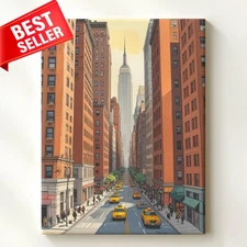 City Comic Book Canvas Cityscape Brownstones Yellow Taxis Stylized Wall Art