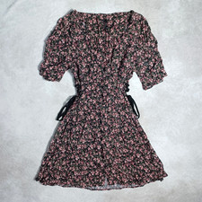 Ditsy Floral Tea Dress Womens Size 10 Pink Button Lace Up Corset Plunge V-neck