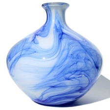 Hand Blown Art Glass Vase, Blue White  Clear Swirls, 10" tall