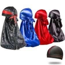 4PCS Silky Durags for Men 360 Waves, Designer Do Rag, 1 Wave Cap L-Black Blue...