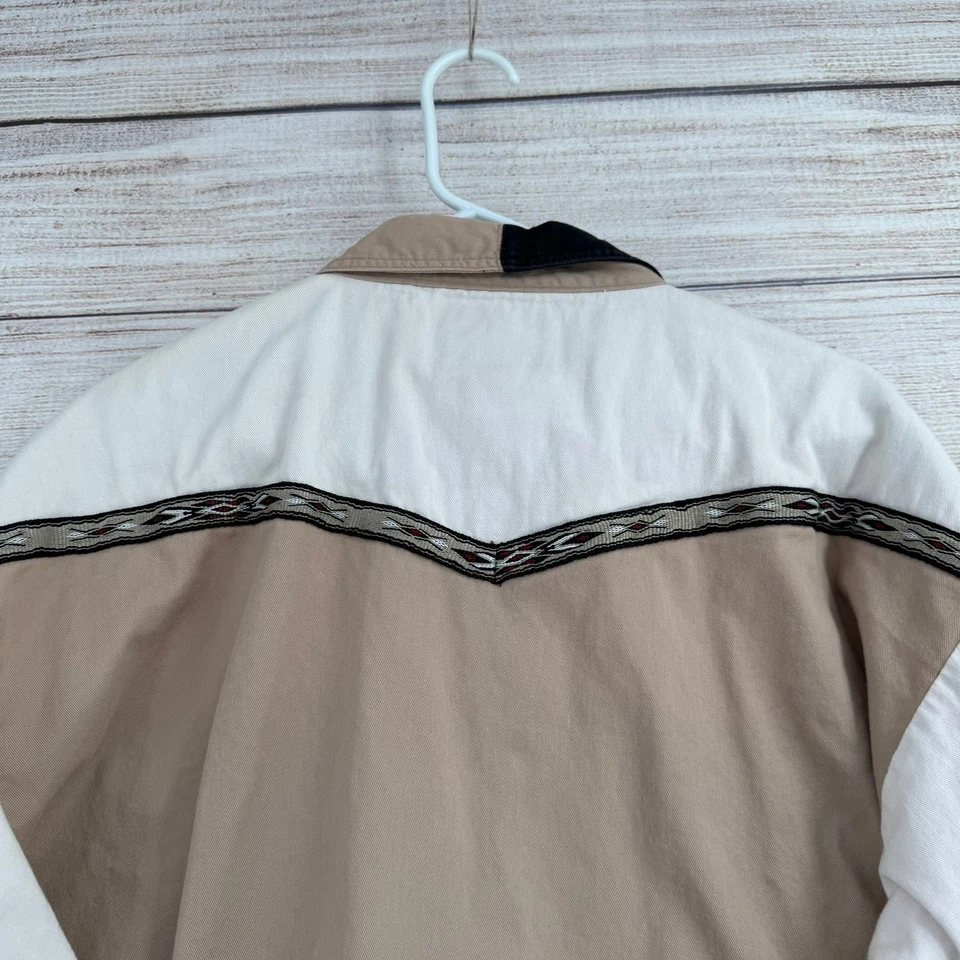 Vintage Wrangler Aztec Western Colorblock Pearl Snap Shirt Mens XXL Beige White - Image 4 of 4