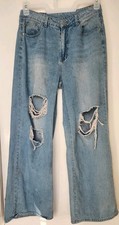 Women's High Rise Wide Leg Distressed Light Wash Blue Jeans Boho Sz L