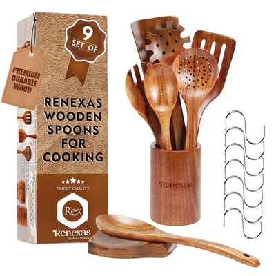 Kitchen Wooden Utensils set 9 PCS Wooden Cooking Spoons and Spatula for Cooking