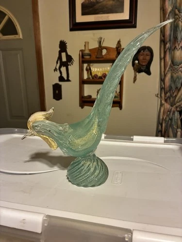 Murano Vintage Art Glass Rooster Figurine Hand-Blown, Speckled W/gold Apex 12”