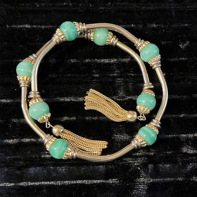 Miriam Haskell Bracelet Deco Memory Wire Baroque Green Glass Beads Tassels HTF