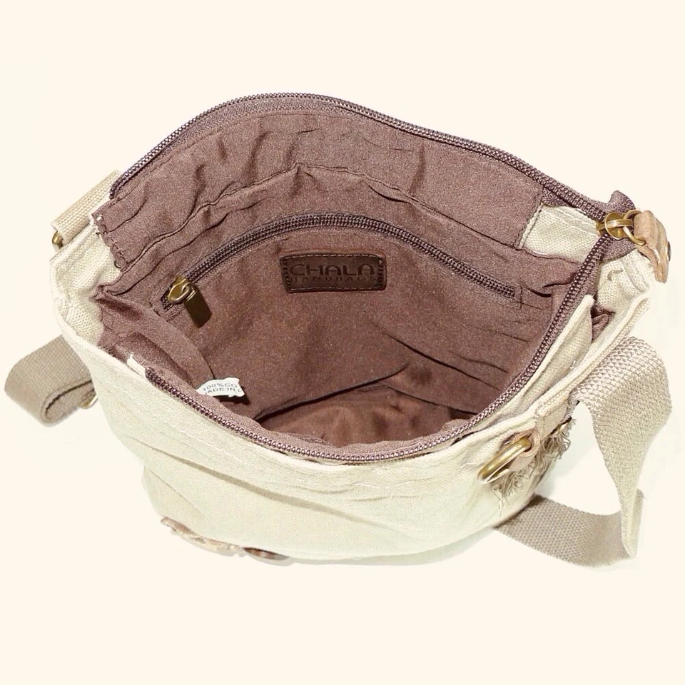 Chala Lazzy Cat Patch Crossbody Handbag Canvas Messenger Bag Kitten Khaki Purse - Image 3 of 4