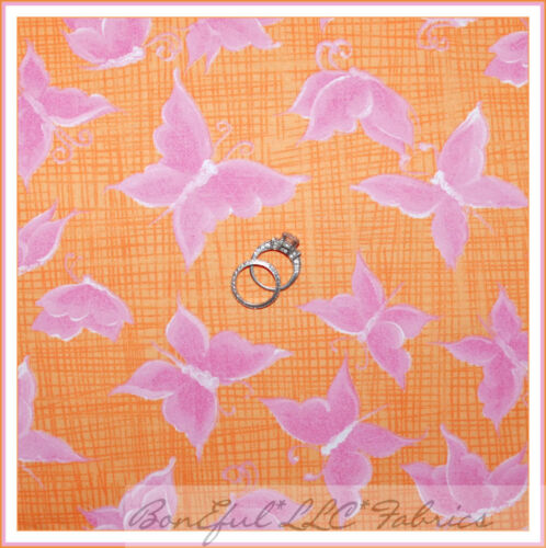 BonEful Fabric Cotton Quilt Pink Orange Gingham Butterfly Spring Summer FL SCRAP