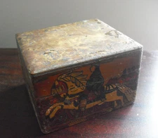 Primitive Wood Trinket Box w Painted Warrior Scene LOOK