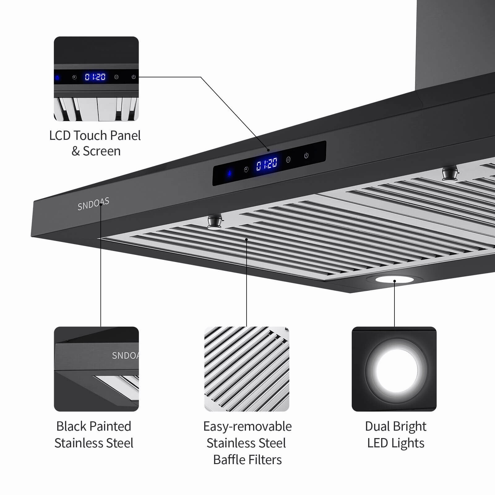 Wall Mount Range Hood 30 inch Kitchen Black Stainless Steel 3Speed