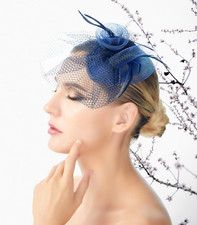 Navy Blue Feather Mesh Fascinator Hat Woman Headpiece Wedding Cocktail Party