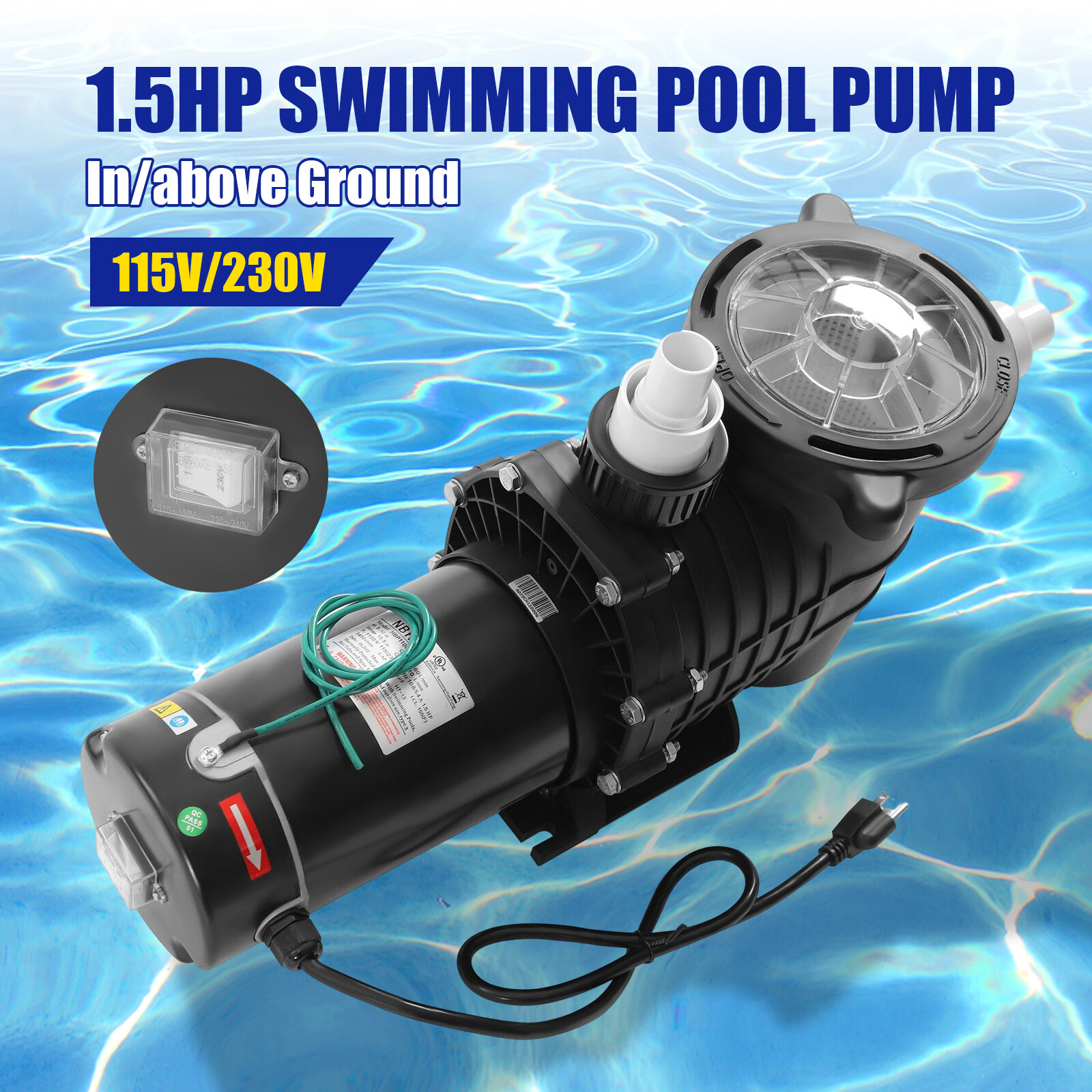 1.5HP Single Speed In-Ground Pool Pump Motor with Strainer 115V/230V