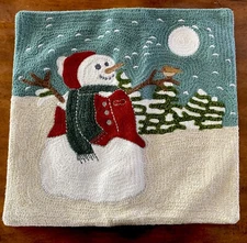 Pottery Barn Embroidered Winger Scene Snowman Pillow  / Cover 18"x18"