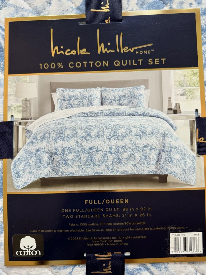 Juego de edredón Nicole Miller F/Q 100 algodón 2 fundas azul floral granja costera nuevo en paquete Foto 4 de 4