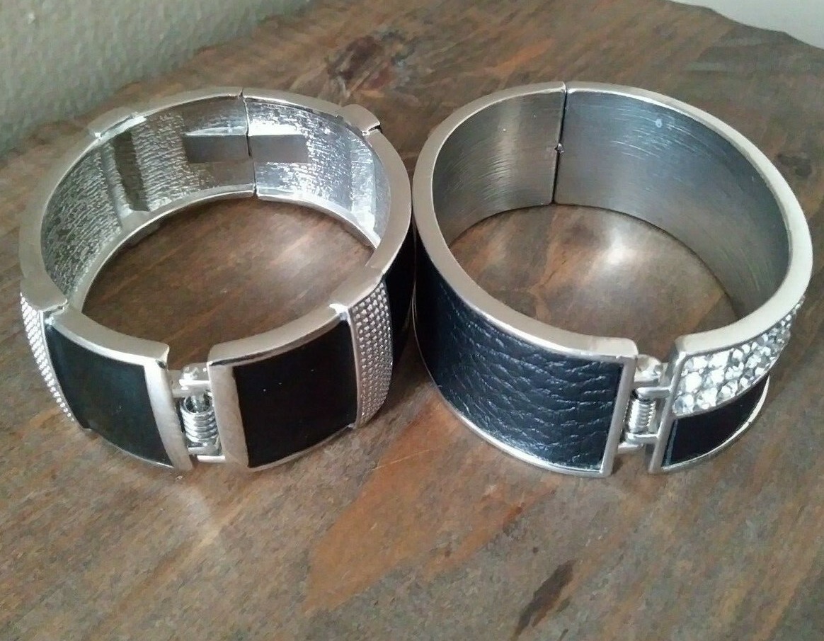2 Hinged Clamper Bangle Bracelets Silver Tone Bla… - image 5