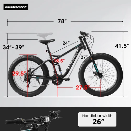 26" Mountain Bike,Full-Suspension 21 Speeds w/Disc-Brake MTB Bicycle, Fat Tire - Picture 10 of 42