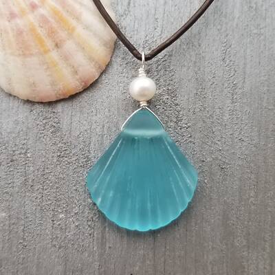 Handmade in Hawaii, Leather Cord Necklace Unisex Necklace Blue Sea Glass